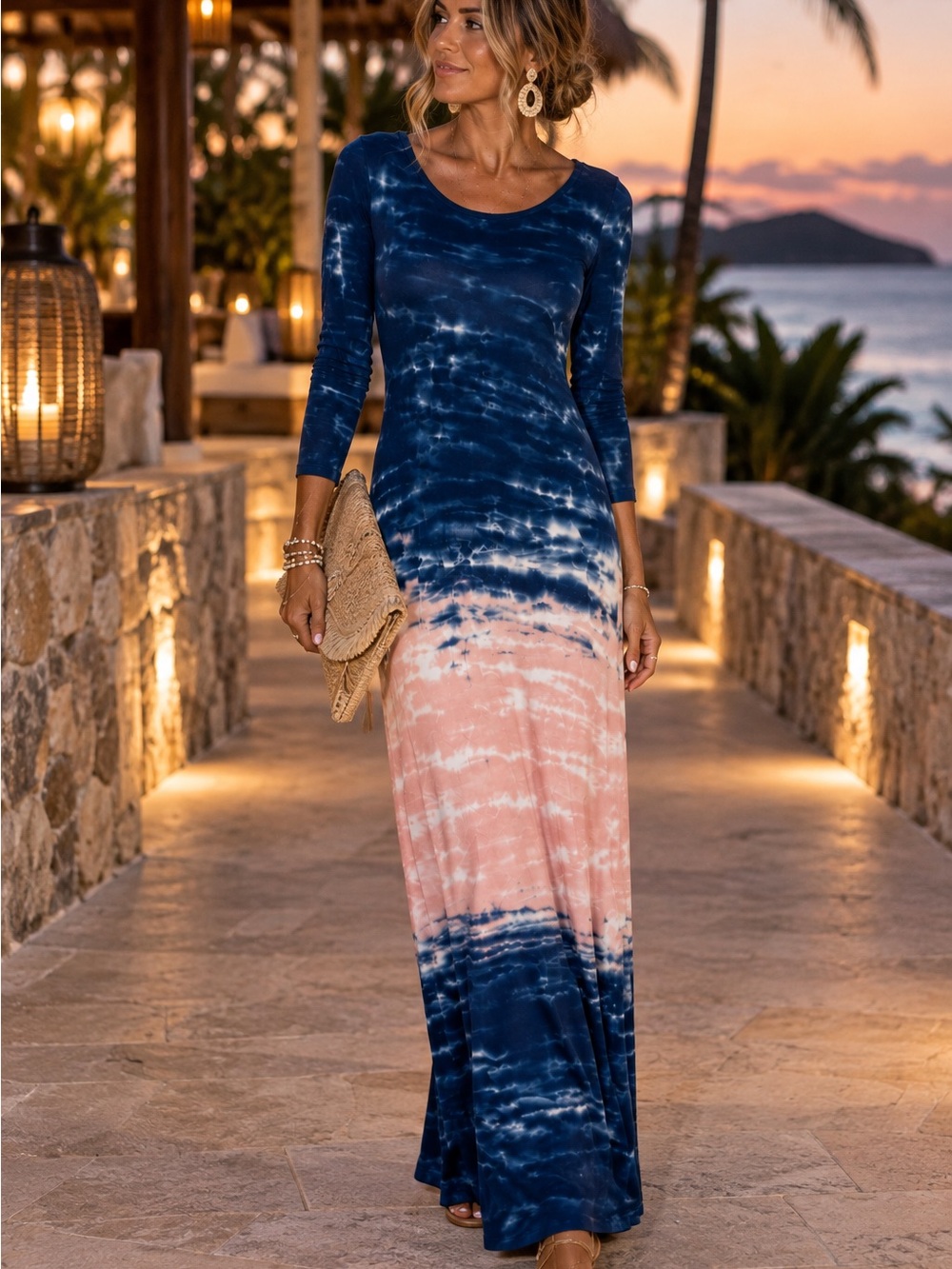 Go Couture Navy and Pink Ombre Tie-Dye Maxi Dress